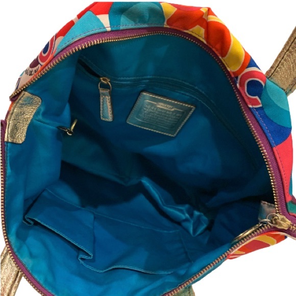 COACH Logo POPPY colorful gold leather trim purse tote - Picture 9 of 17